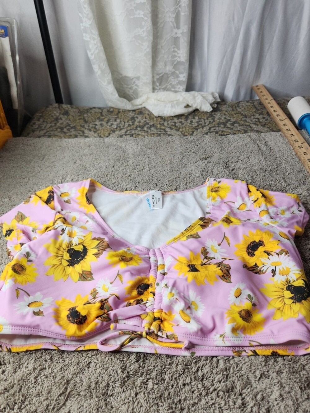 Women's Pink Sunflower Swim Top With Side Ties - Decree - XXL